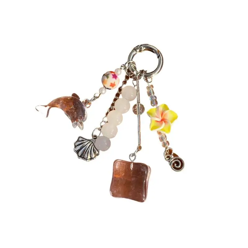 1 Stück süßer Retro-Delfin-Spitzenblumen-Taschenanhänger, Y2K Sommer-Strand-Insel-Ozean-Quasten-Schlüsselanhänger, Handy-Lanyard, Rucksack- und Handtaschen-Dekoration – Detail 11
