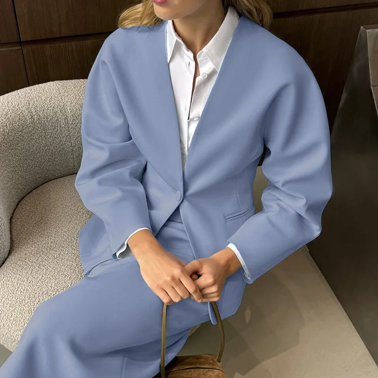 2026 Fashion Loose Blue Office Two Piece Outfits Woman Elegant Long Sleeve Blazer With High Waist Long Skirt Set Female