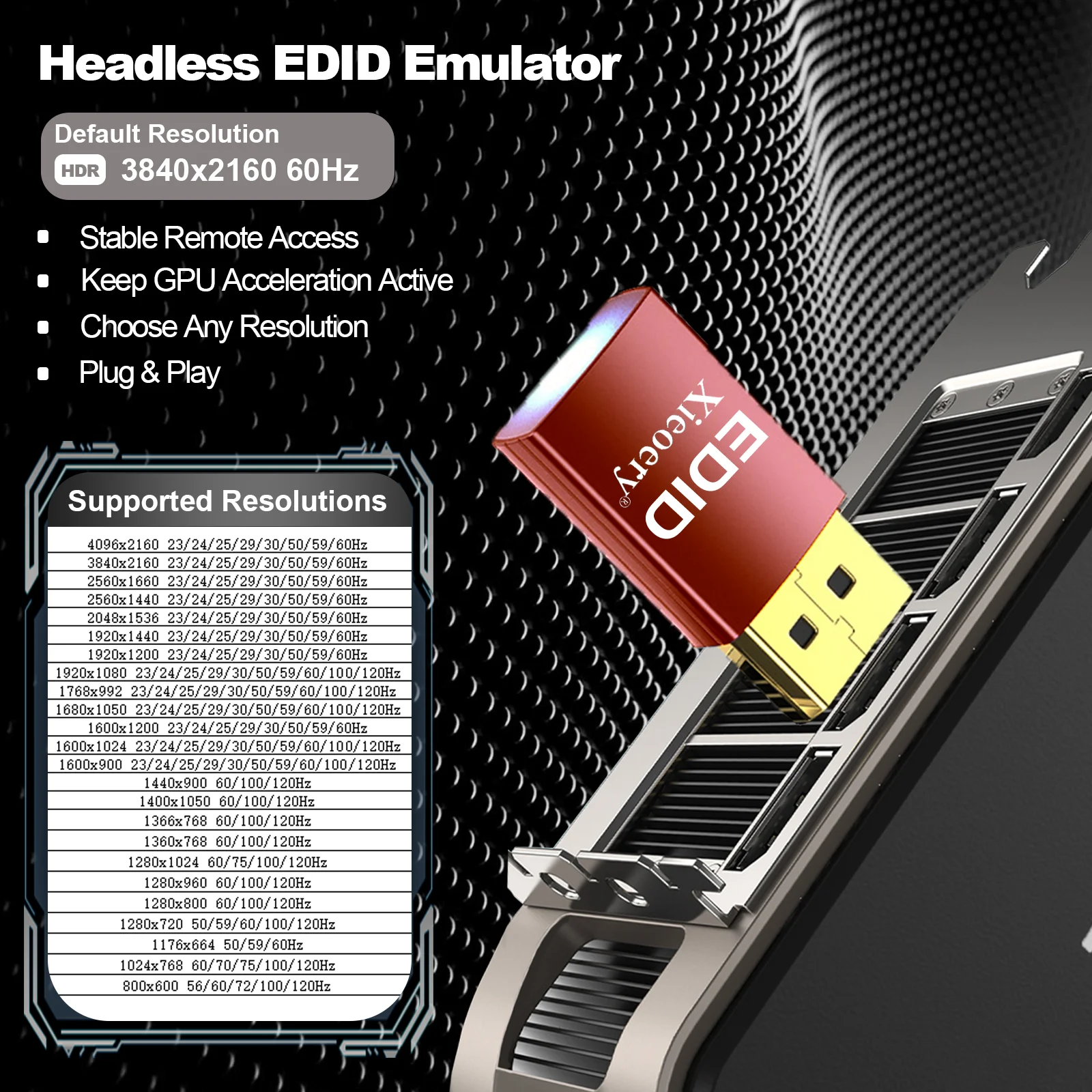 Xieoery HDMI EDID Emulator 4K HDR RGB, HDMI Dummy Plug with Full RGB Color Support, Default 3840×2160@60Hz Virtual Display