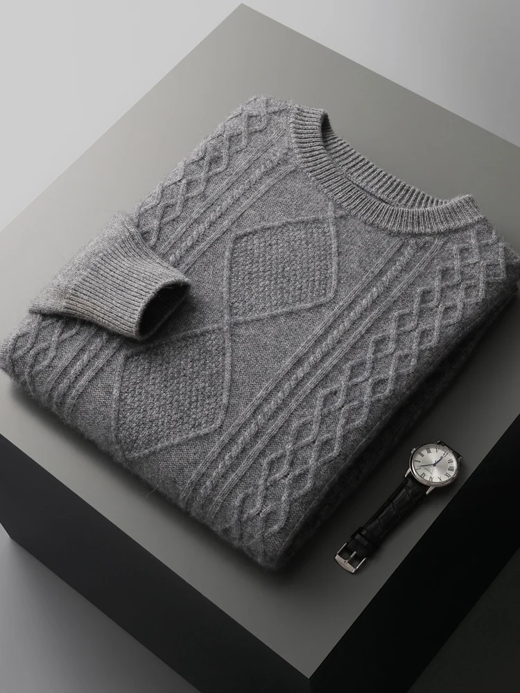 

Aliselect 100% Cashmere Knitwear Men's Twist Flower Diamond O-neck Cashmere Pullover Sweater Autumn Winter Thick Comfort Tops