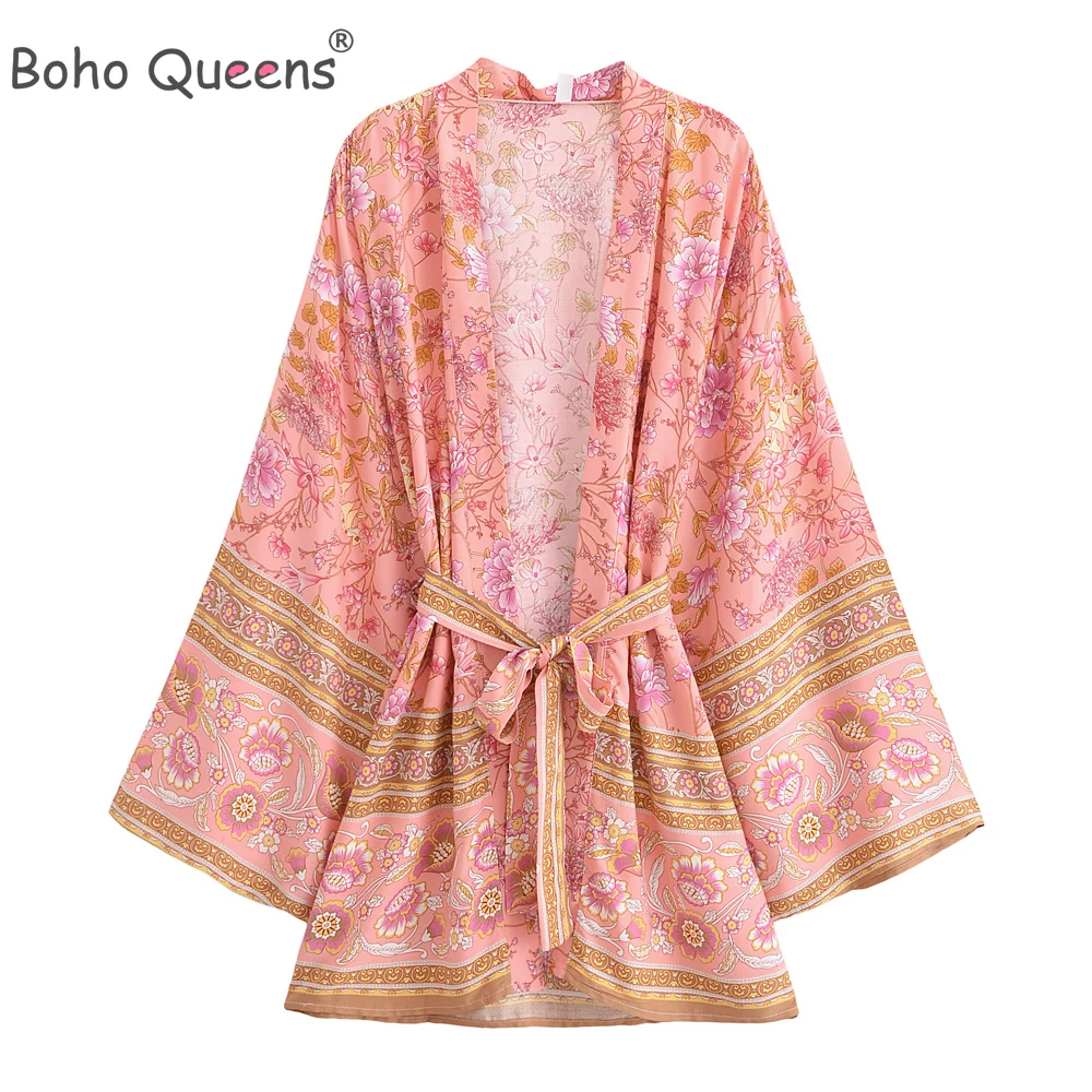 Boho Queens Multi estampado Floral fajas Kimono corto mujeres bohemio cuello en V mangas de murciélago bata de rayón playa Bikini cubrir