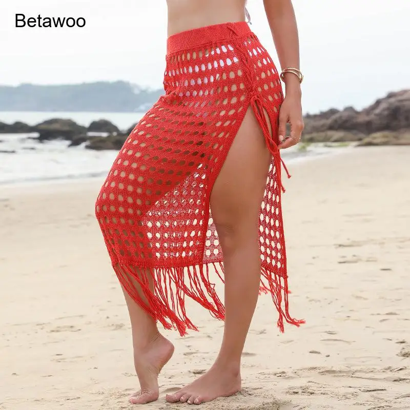 Women Crochet Mesh Beach Wrap Skirt with Tassel Fringe Asymmetrical Sarong Cover Up Multi Colors