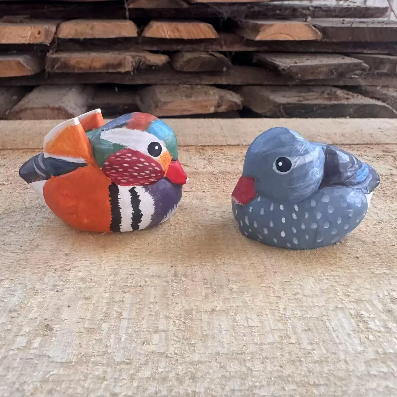 

Hand-Carved Cute Solid Wood Sculptures - Chubby Birds & Mandarin Ducks, Creative Ornaments for Home Office Decor Figurines