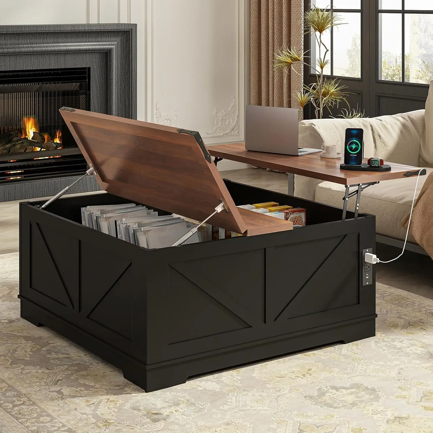 

40" Large Farmhouse Lift Top Coffee Table with Hidden Compartment & Power Outlets, Square Wooden Coffee Table, Black