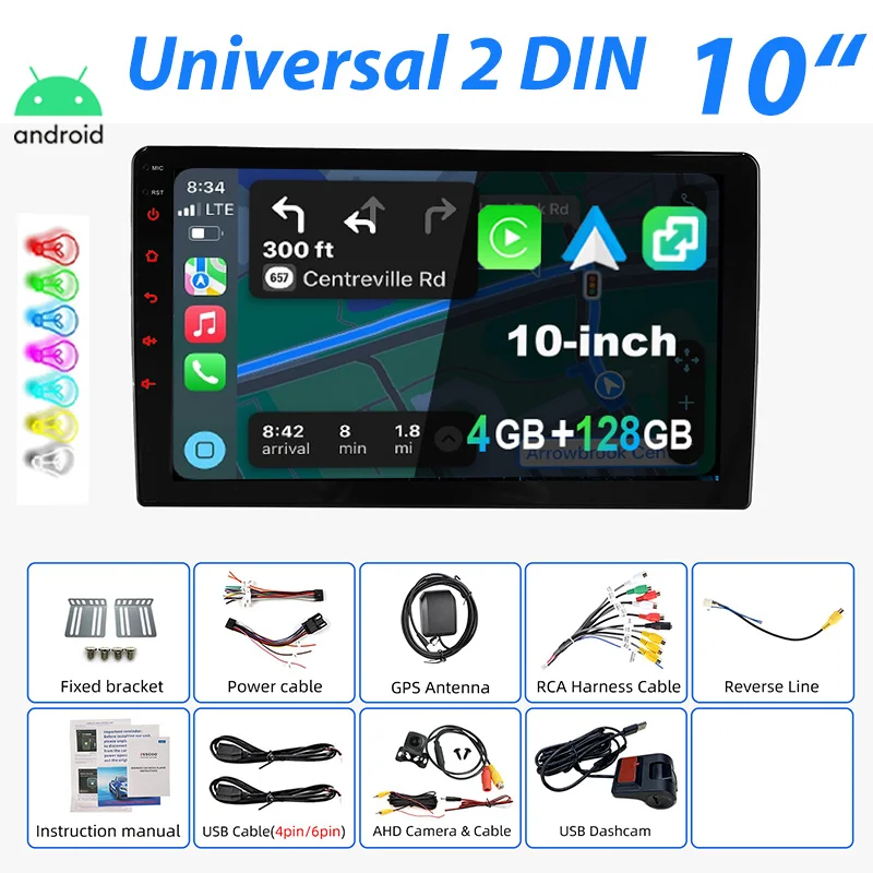 Universeel Autoradio ESSGOO Android 15 7"/9"/10" 4+128 GB 2 DIN Draadloze CarPlay Android Auto GPS Navigatie RDS FM Bluetooth 7 Kleuren ASP-scherm Mirror Link Aanraakscherm Stuurwielbediening