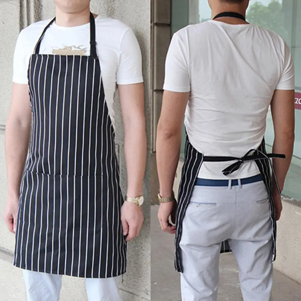 Black Stripe Bib Apron With 2 Pockets Chef Waiter Kitchen Cook Kitchen Aprons For Woman Men Cafes Beauty Nails Shop Apron