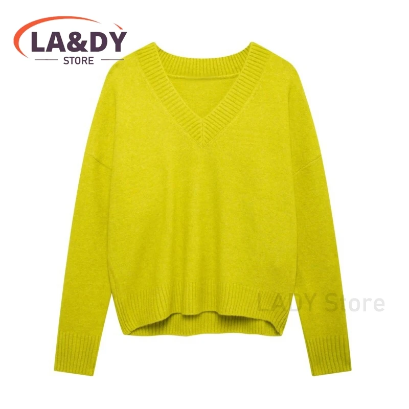 Knit Sweater Woman 2024 Autumn Winter Fashion Loose V-Neck Simple Versatile Female Solid Color Long Sleeve Casual Tops Pullovers