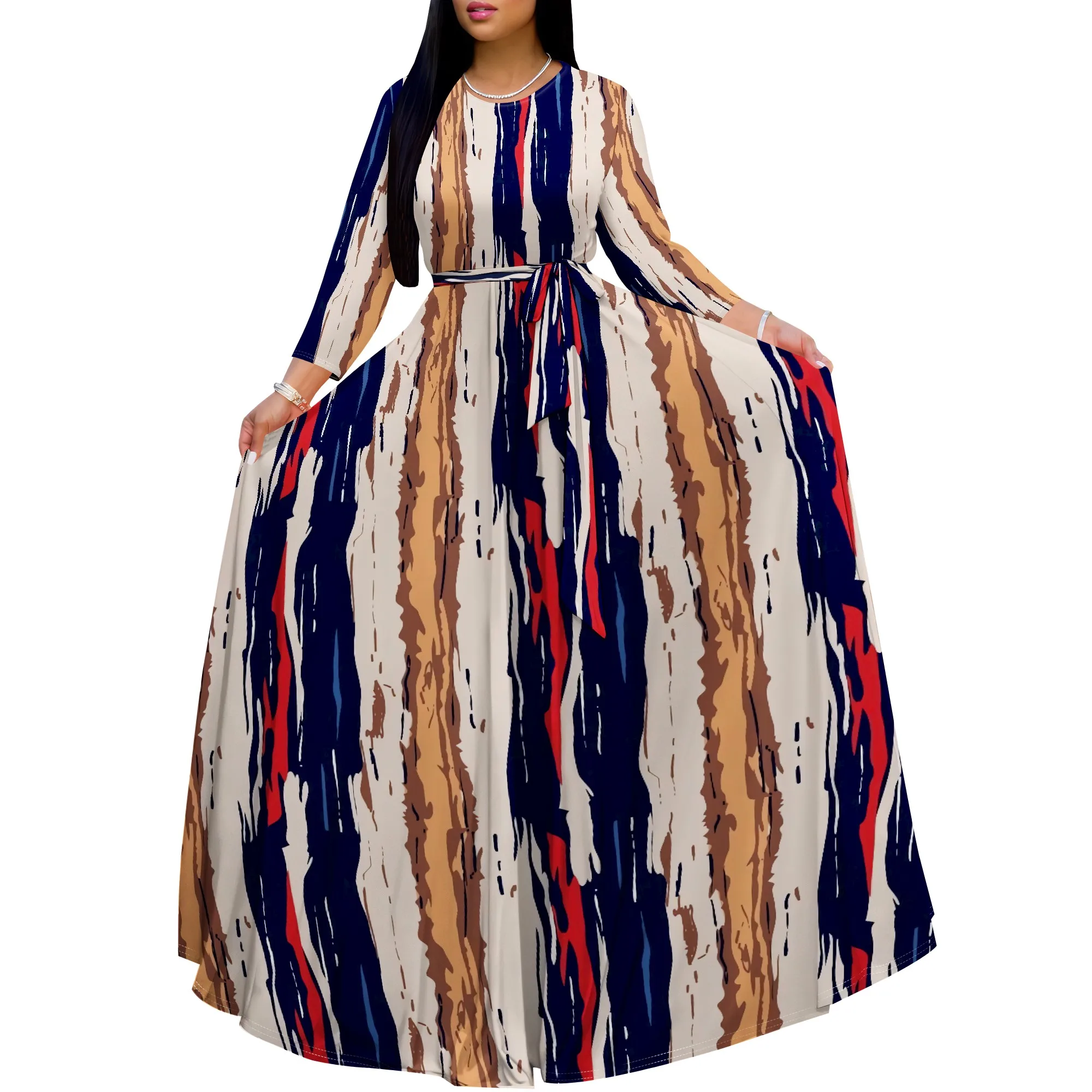 

Loose Fit Plus Size Maxi Dress for Women Round Neck Striped print pattern Long Sleeve Comfortable with Pockets