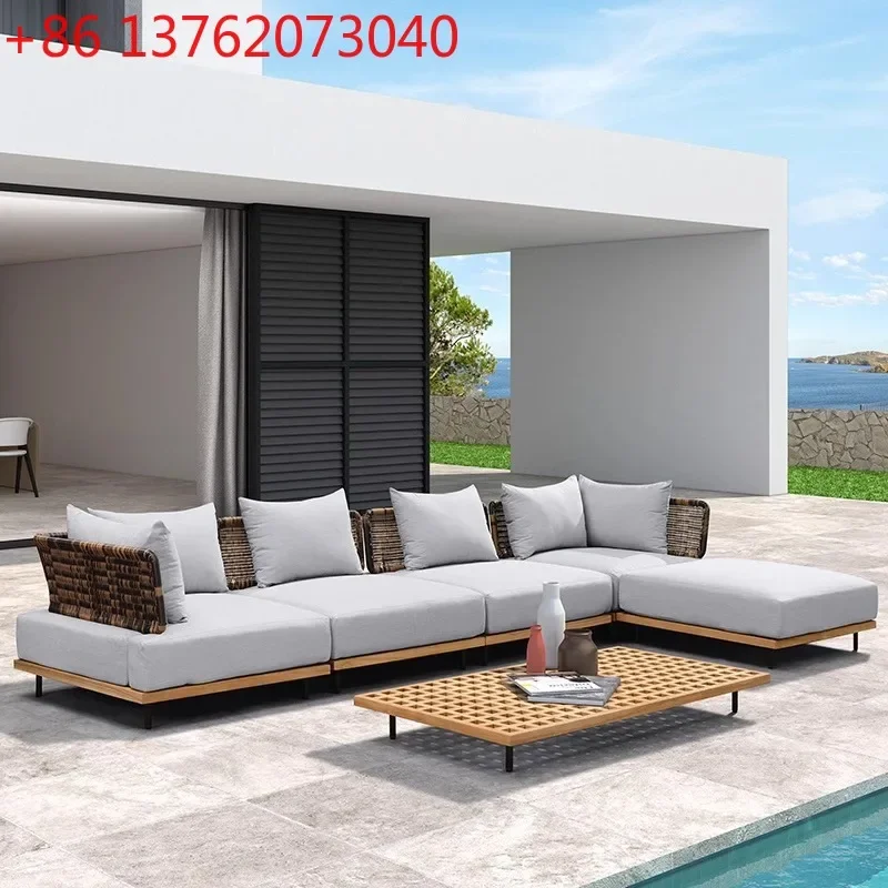 

Комбинация садовых диванов для улицы в скандинавском стиле, мебель для виллы, из массива дерева, водонепроницаемая, с защитой от солнца, из ротанга и тика.