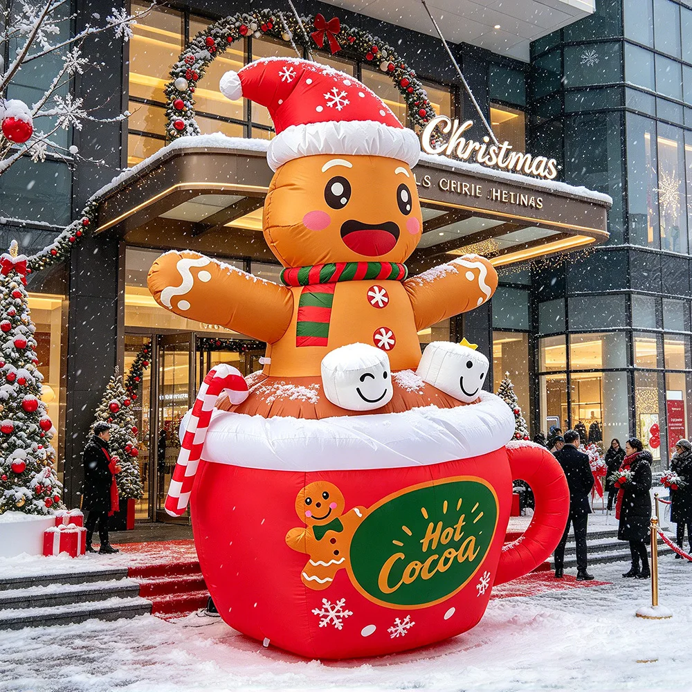 6FT Gingerbread Man in a Hot Cocoa Mug Christmas Decoration  Suitable for Outdoor Holiday Parties, Yards, and Lawns