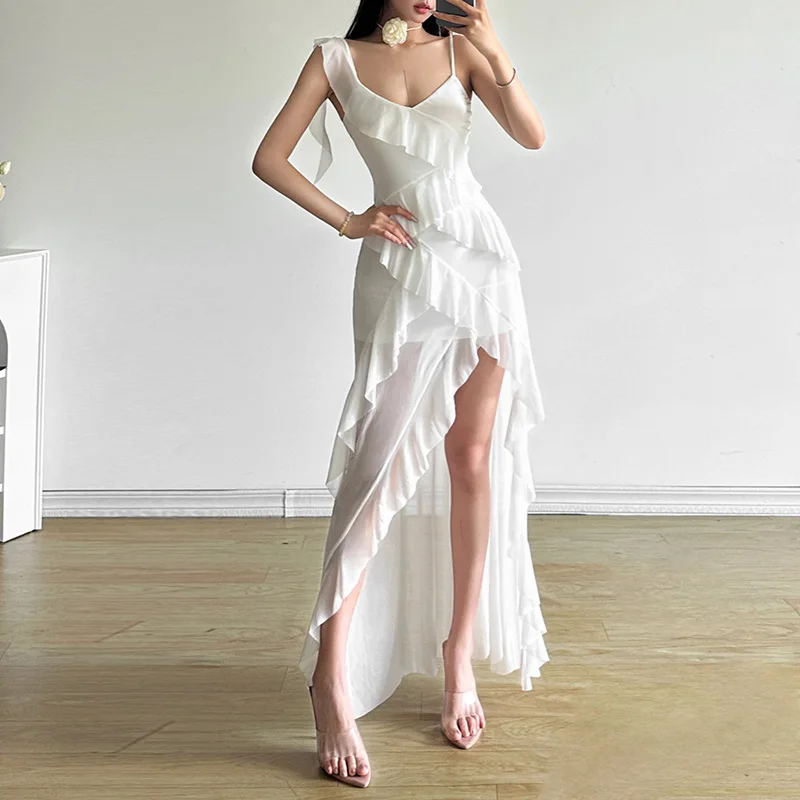 الصيف موضة الخامس الرقبة فساتين عارية الذراعين مكدسة مثير الأبيض فستان طويل المرأة سليم صالح السباغيتي حزام قميص Coquette Y2k الملابس