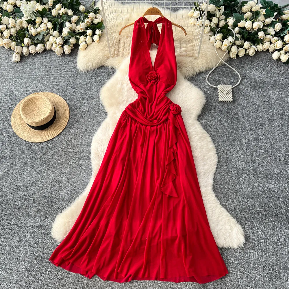 

Women Neck Mounted Dresses Solid Dress V Neck Sleeveless 3d Flowers A Line Ankle Lenth Slim Fit Casual Elegant 2026 Summer