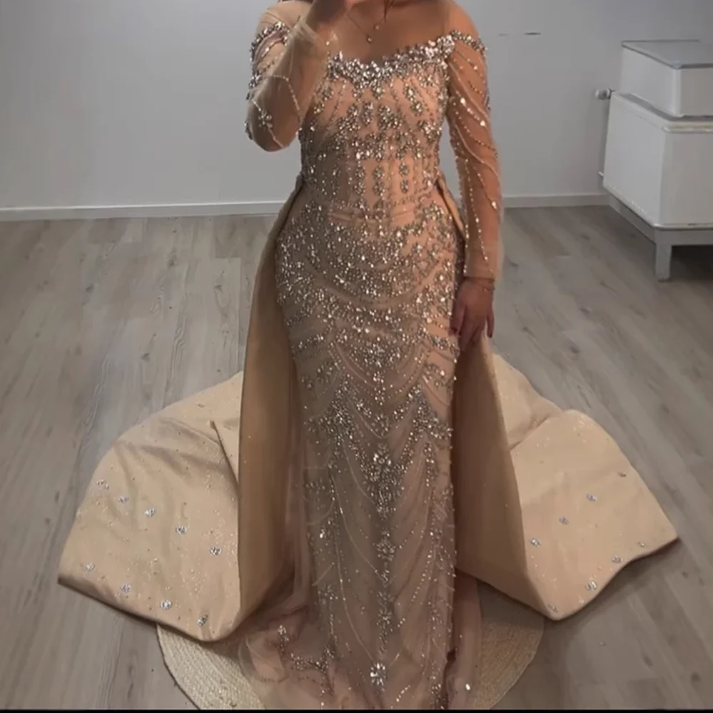 

Роскошные блестящие бисерные кристаллы по индивидуальному заказу Дубайские арабские вечерние платья с длинными рукавами и шлейфом Свадебное платье для выпускного вечера