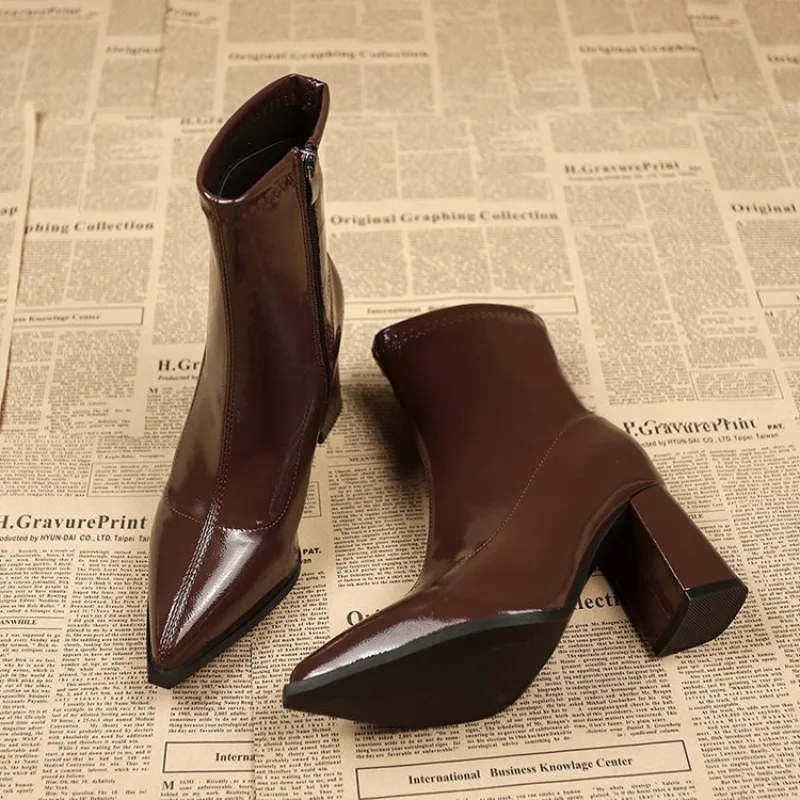Women's Pointed Thick Heel Short Boots Women's Autumn High Heels Ankle Boots Women's Fashion Retro Temperament Boots Botas Mujer