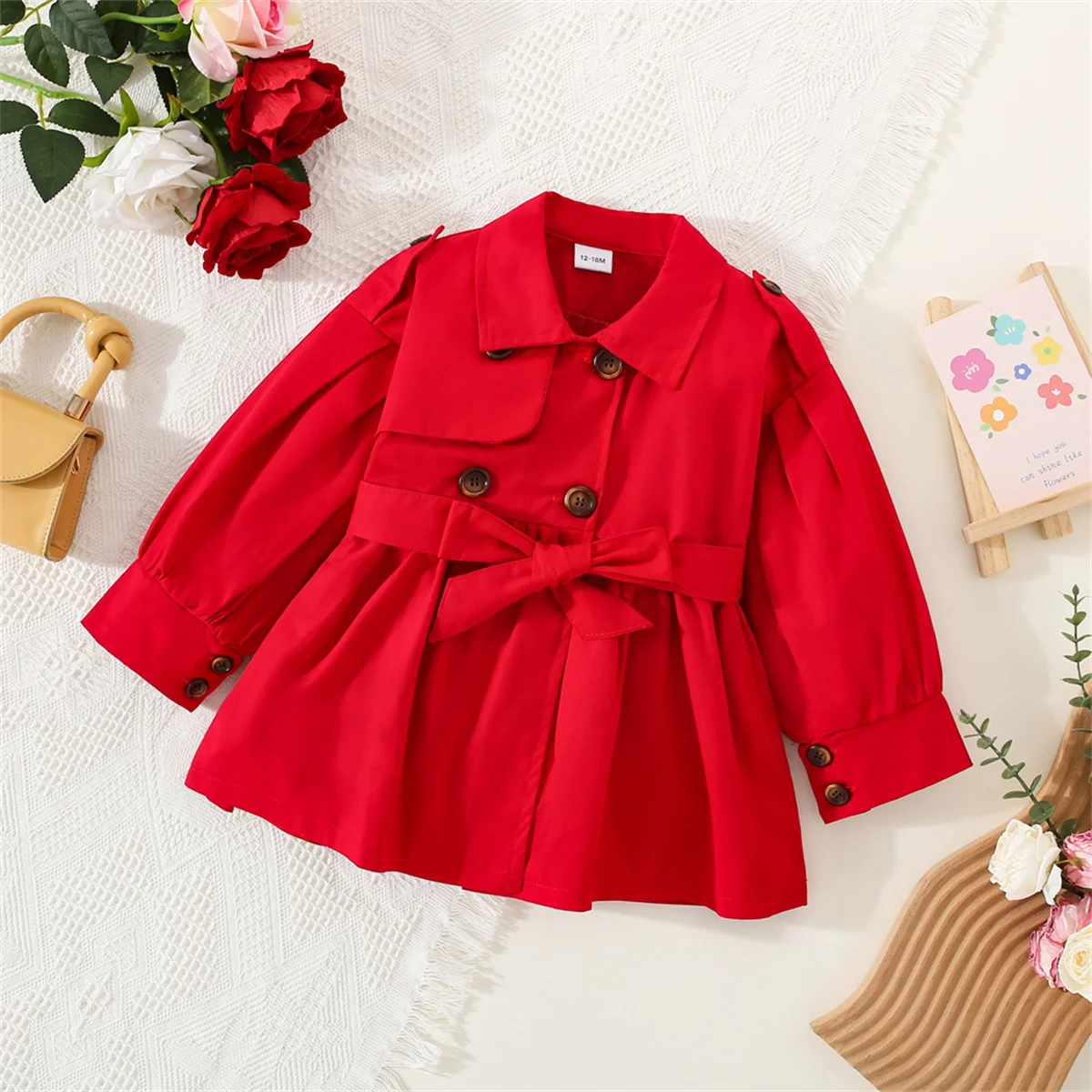 Girls 0-3 years Spring And Autumn Girls' Windbreaker Solid Color Double Breasted Belt Lapel Simple Fashion Versatile Casual Coat