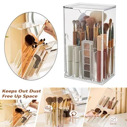 Makeup Brush Holder Organizer Clear Desk Comestic Tools  Organizer with 17 Slots Tilt Open Dustproof Makeup Brushes Storage Box