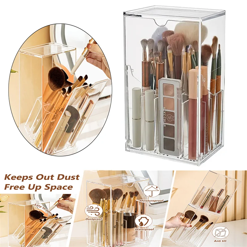 Makeup Brush Holder Organizer Clear Desk Comestic Tools  Organizer with 17 Slots Tilt Open Dustproof Makeup Brushes Storage Box