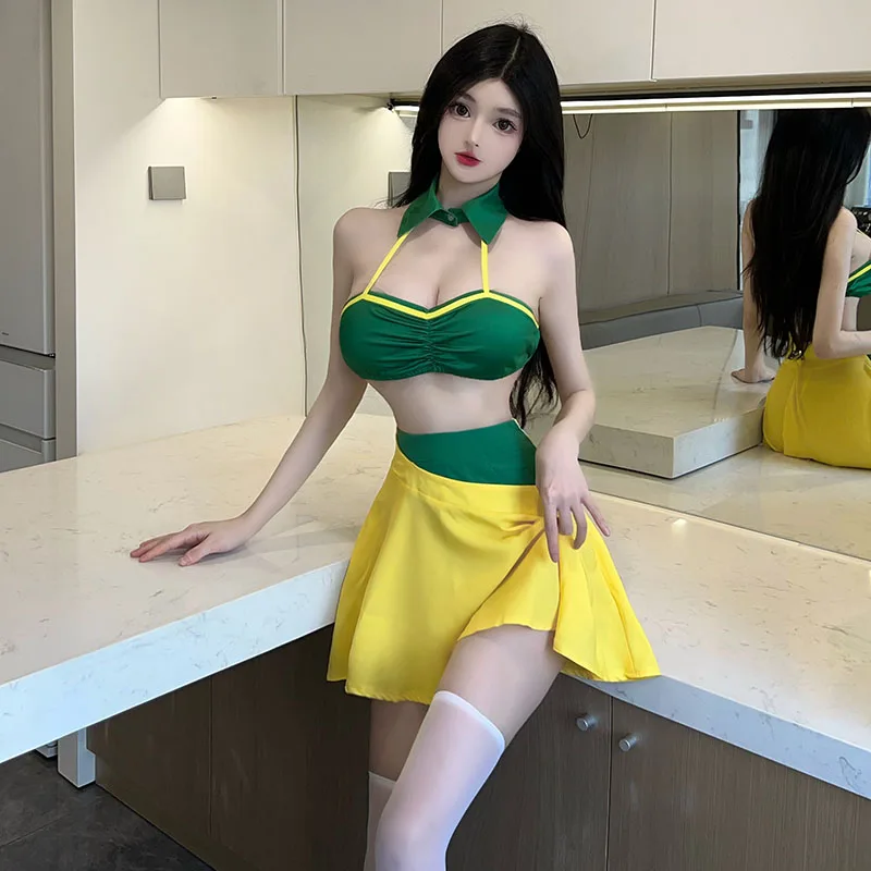 Sexy Lingerie Cheerleader Uniform Yellow Green Color Bra Skirt Suit Set JK Girls Exotic Costumes Night Club Dance Wear Women