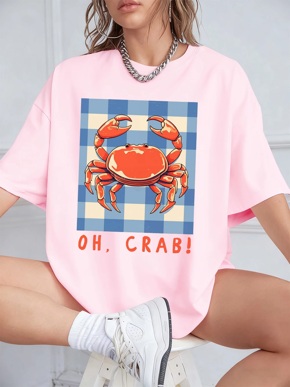 

Oh Crab Cartoon Grid Printing T-Shirts Womens Cotton Summer Short Sleeve Tops Soft Loose O-Neck T Shirt Casual Womans Clothes
