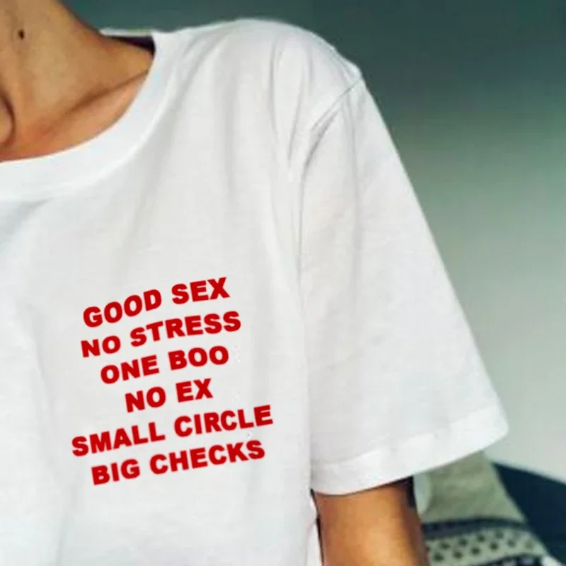 Y2k Aesthetic Summer Loose T-shirt Good Sex No Stress One Boo No Ex Small Circle Big Checks Pocket Printed Cotton Fashion tops