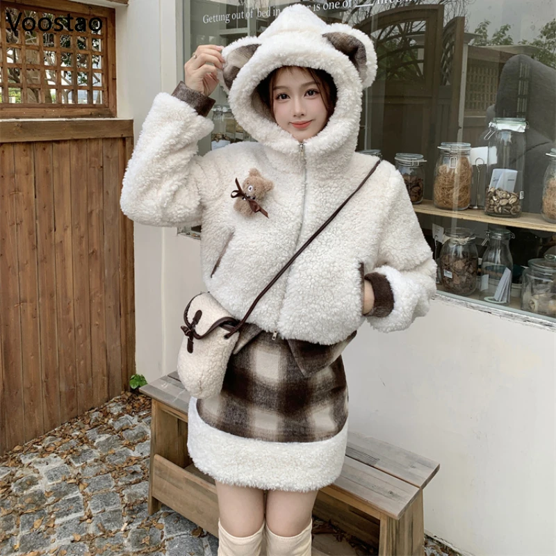 Autumn Winter Lolita Skirt Sets Women Sweet Cartoon Bear Ears Hooded Lambswool Short Jacket Mini Plaid Skirt Female 2 Piece Set