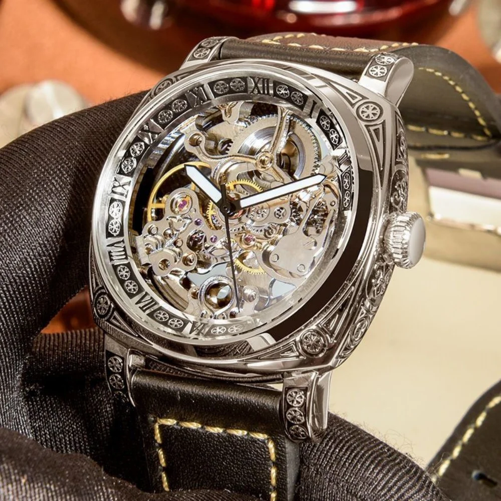 Men's Fully Automatic Mechanical Watch, Retro Carved Design with Fully Hollowed Out Back, Luminous Hands, Roman Numerals, Waterproof Business Watch, Leather Strap, Fashionable Luxury Men's Watch, Gift for Boyfriend or Father's Birthday, High-End Mechanical Wristwatch