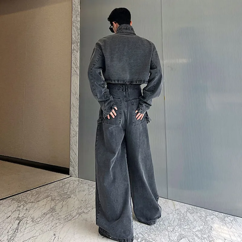 WVGA Spring Autumn New Men Tide Design Washed Vintage Trendy Denim Jacket Niche Chic Casual Wide-Leg Jeans Two Pieces Set W17012