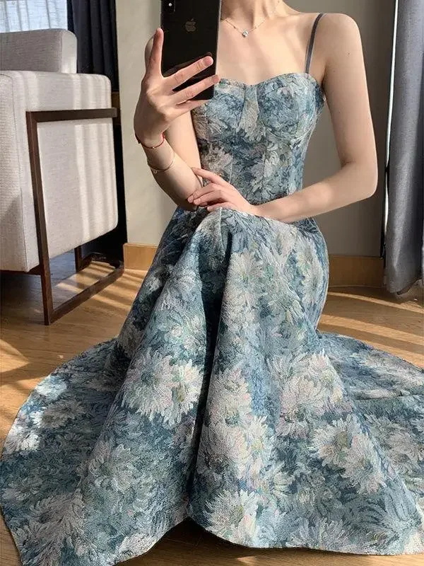 

Women Flower Print Draped A-line Slip Maxi Dress Vintage Summer Holiday Beach Long Dress Elegant Korean Style Slim Long Sundress