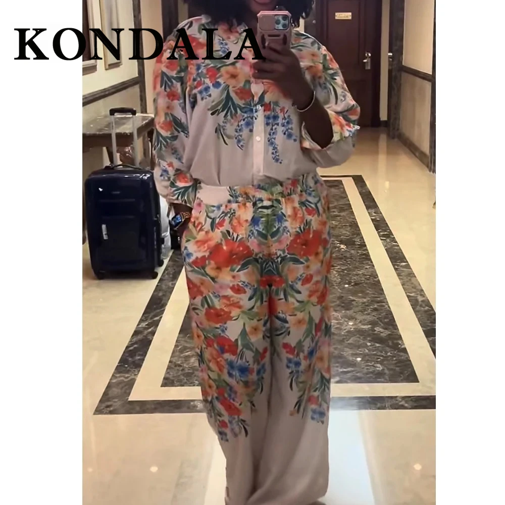 

KONDALA винтажный праздничный повседневный модный женский костюм с цветочным принтом 2025, свободная рубашка + широкие брюки с эластичной резинкой на талии, шикарный комплект Mujer