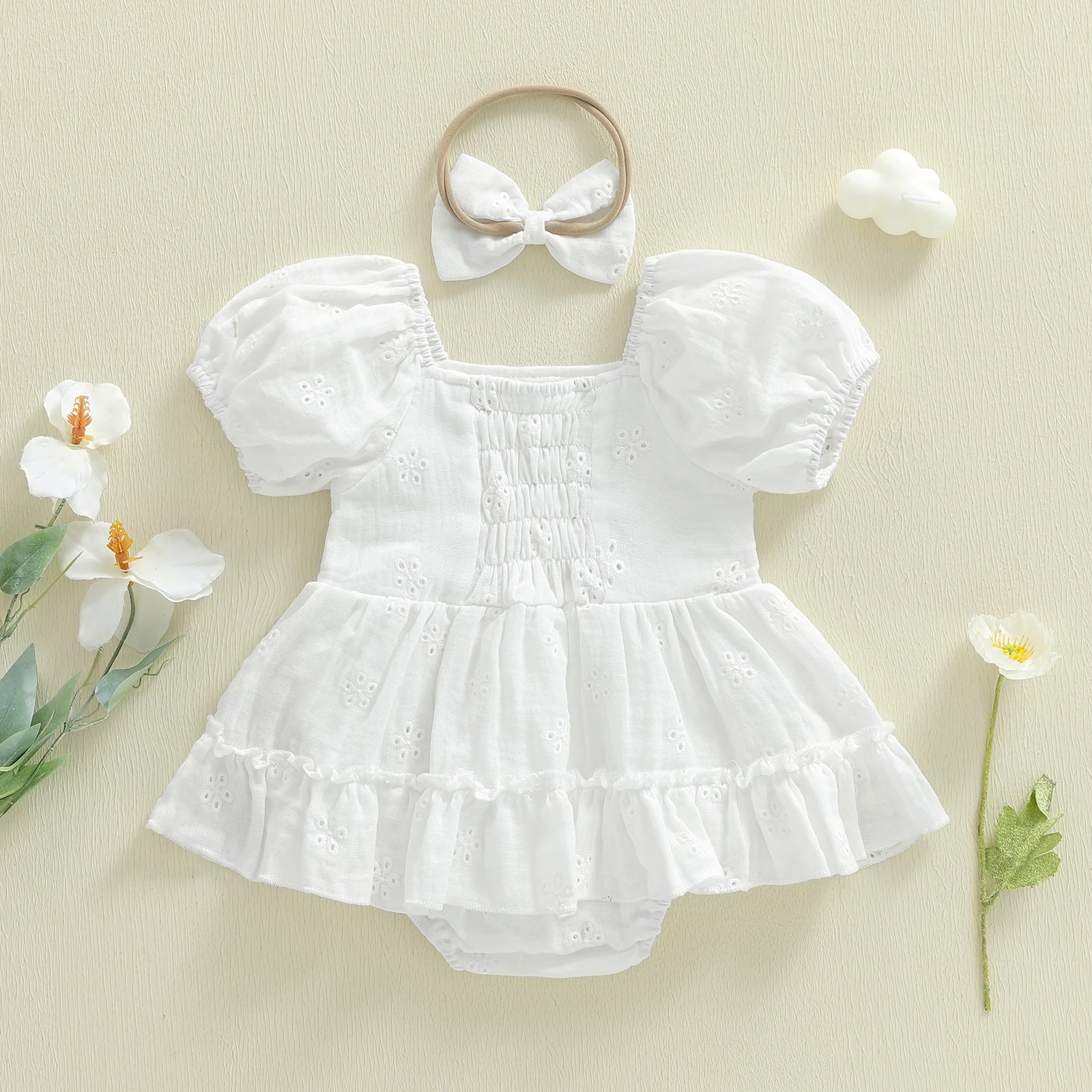 Blotona طفلة الصيف 2 قطعة وتتسابق زهرة مطرزة العيينة تكدرت هيم قصيرة الأكمام رومبير فستان و القوس مجموعة عصابات رأس