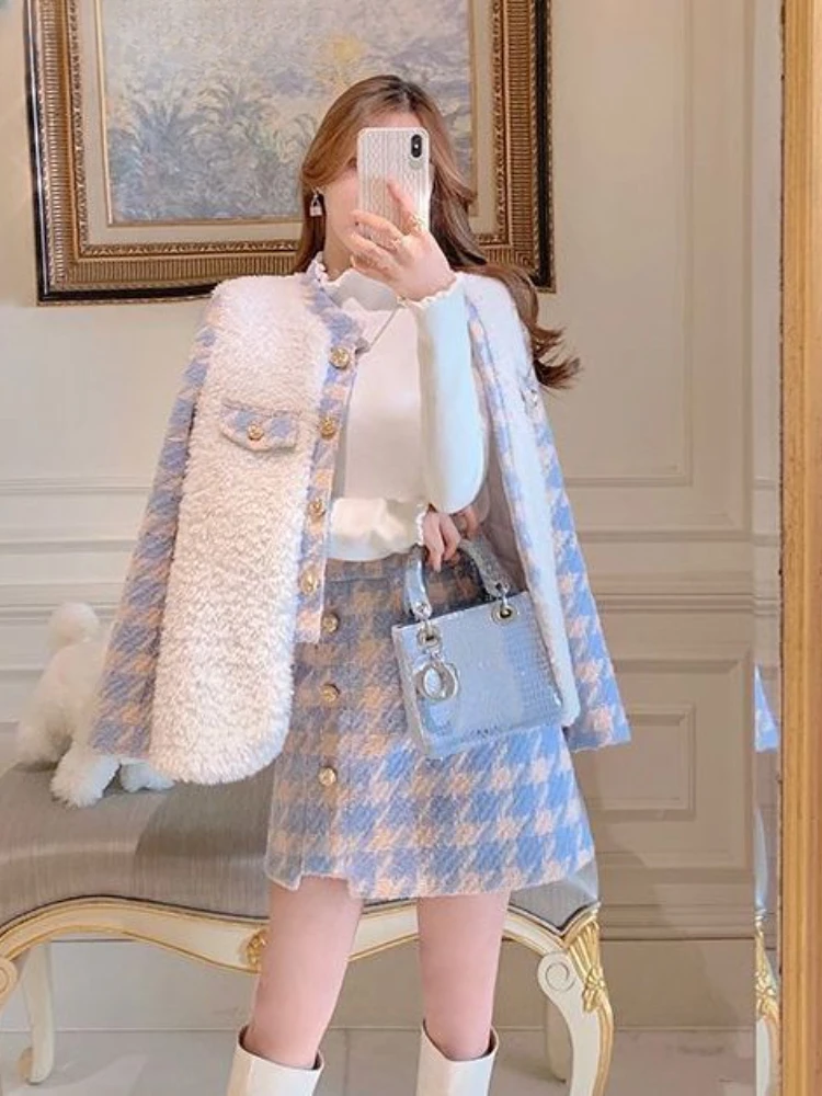 Two Piece Set for Women Skirt Coat Autumer Winter Elegant Korean Women's Sets To Dress Lamb Hair Plaid High Waist Hip Wrap Skirt