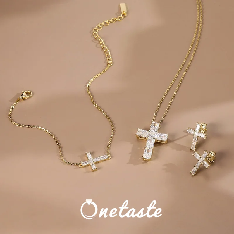 

925 Sterling Silver 14K Gold Plated Moissanite Cross Jewelry Set For Women Sparkling Pendant Necklace Bracelet Stud Earrings