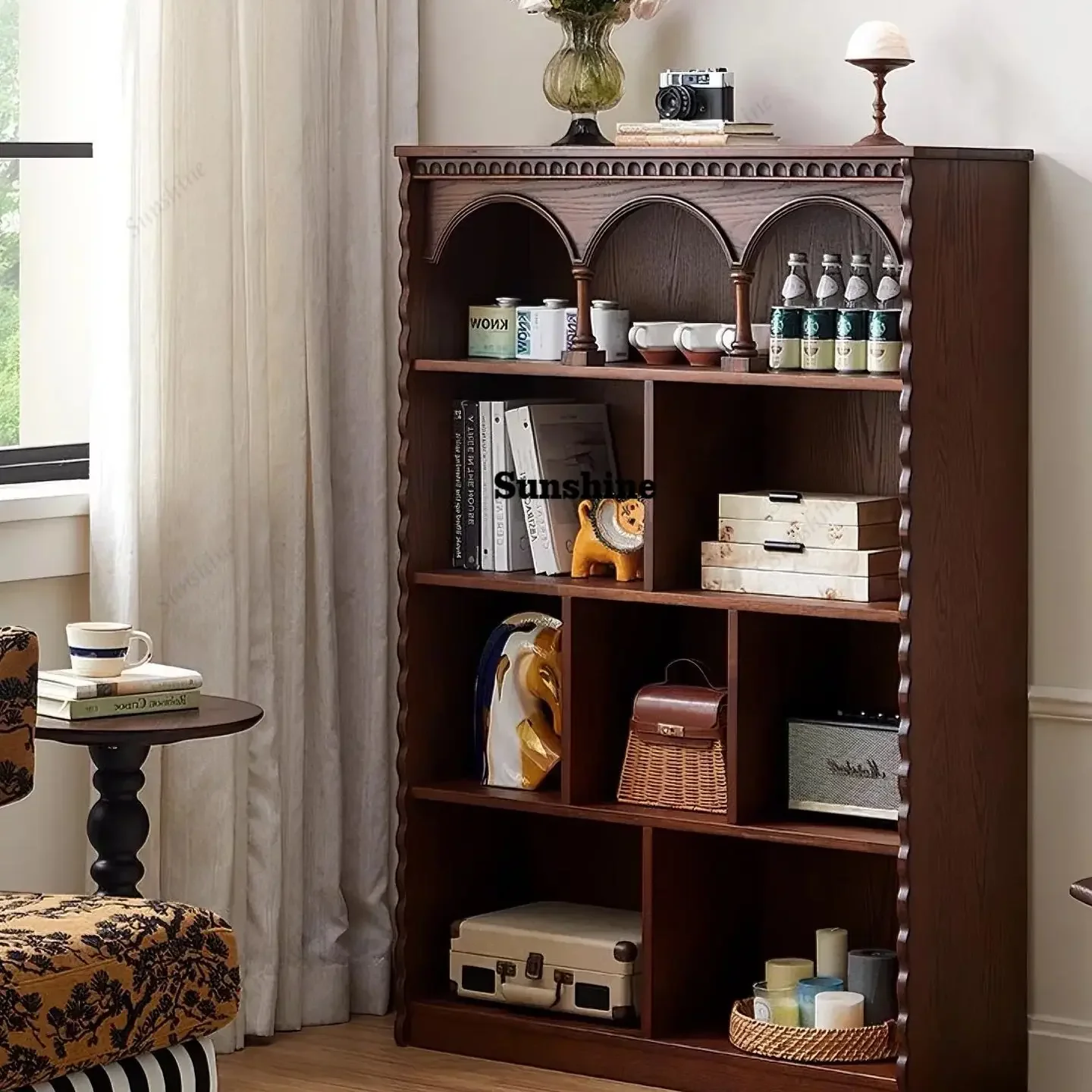 

French retro bookcase living room solid wood light luxury wall vintage decorative cabinetTJ