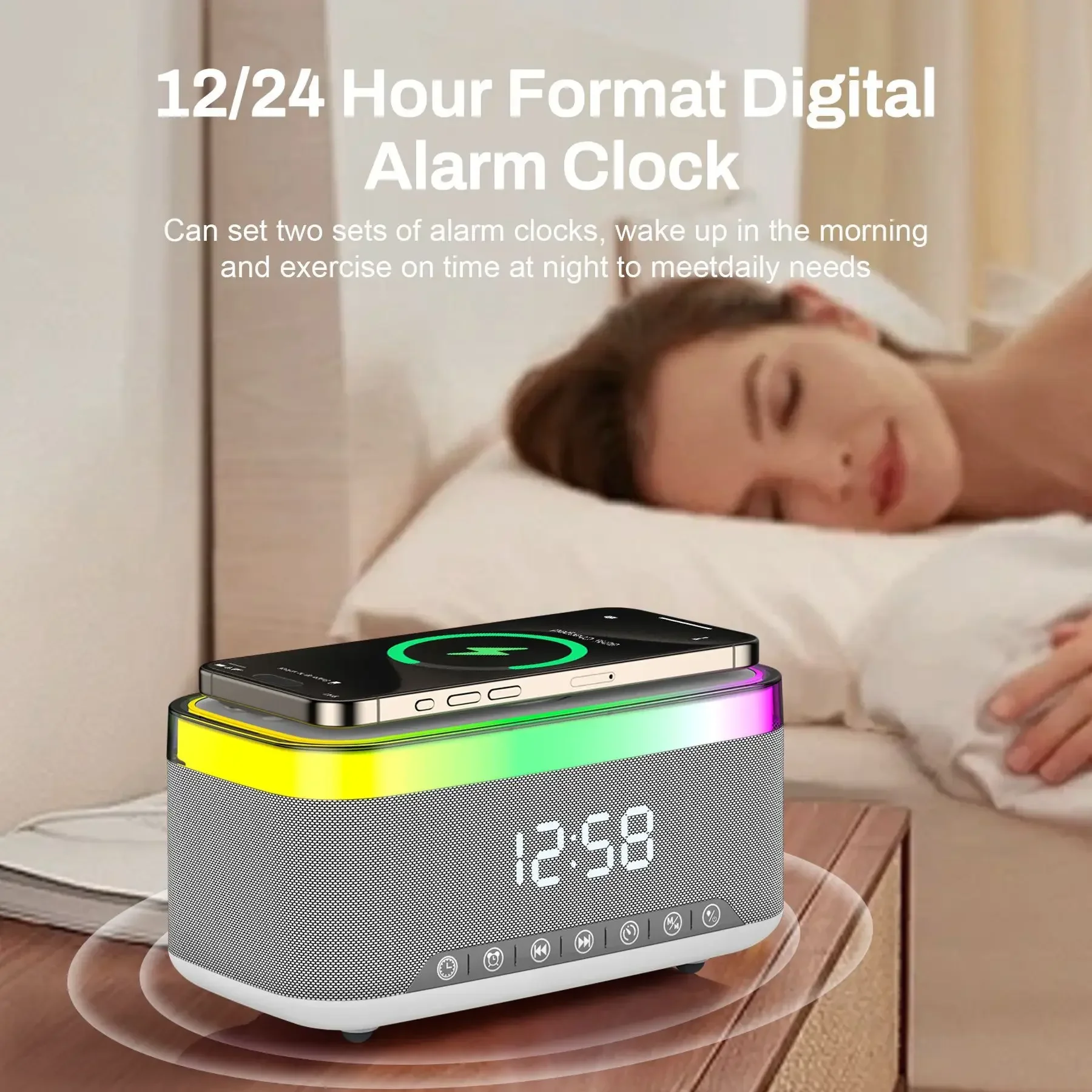 New Creative Desktop Bluetooth Speaker with 15W Wireless Charger Bedside Night Light Alarm LED Clock MP3 Music Player Soundbar