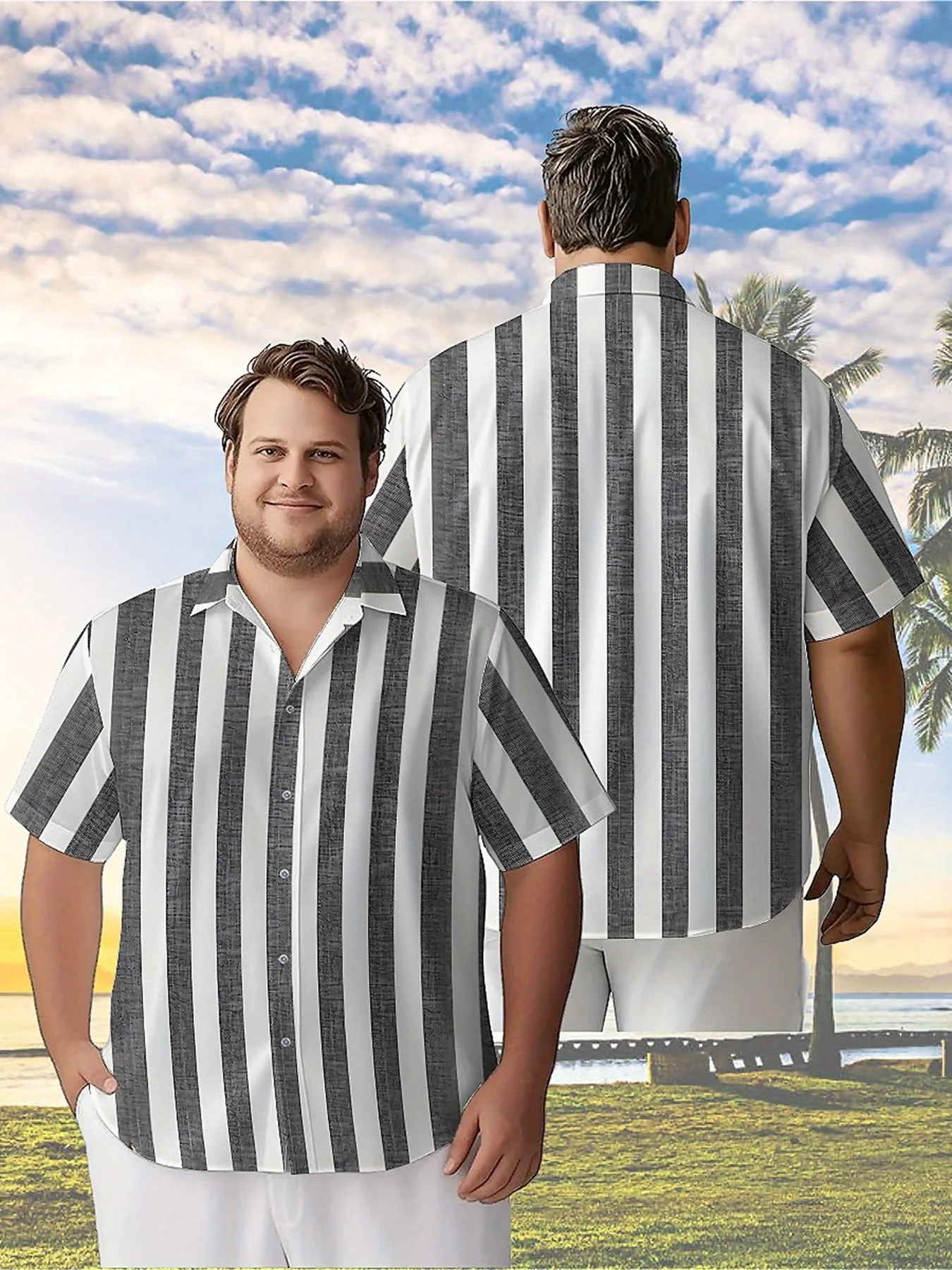 

Men's Plus Size Hawaiian Shirts Black and White Stripes Classic Pattern, Button Up Shirts, Unisex Casual Clothing, Summer Tops