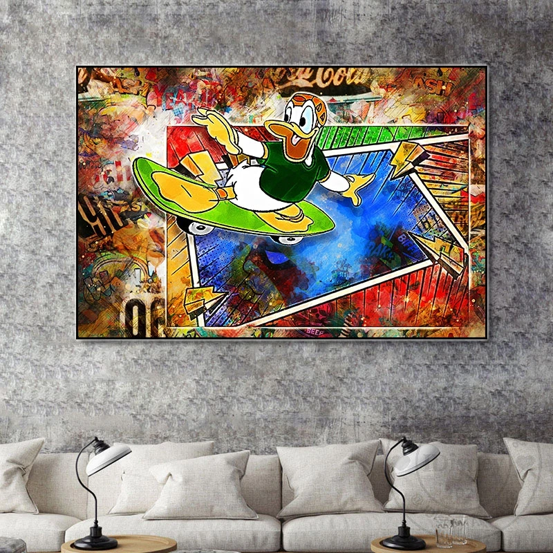 

Disney Graffiti Pop Art Wall Poster Donald Duck Skateboard Print Modern Abstract Canvas Painting For Living Kids Room Home Decor