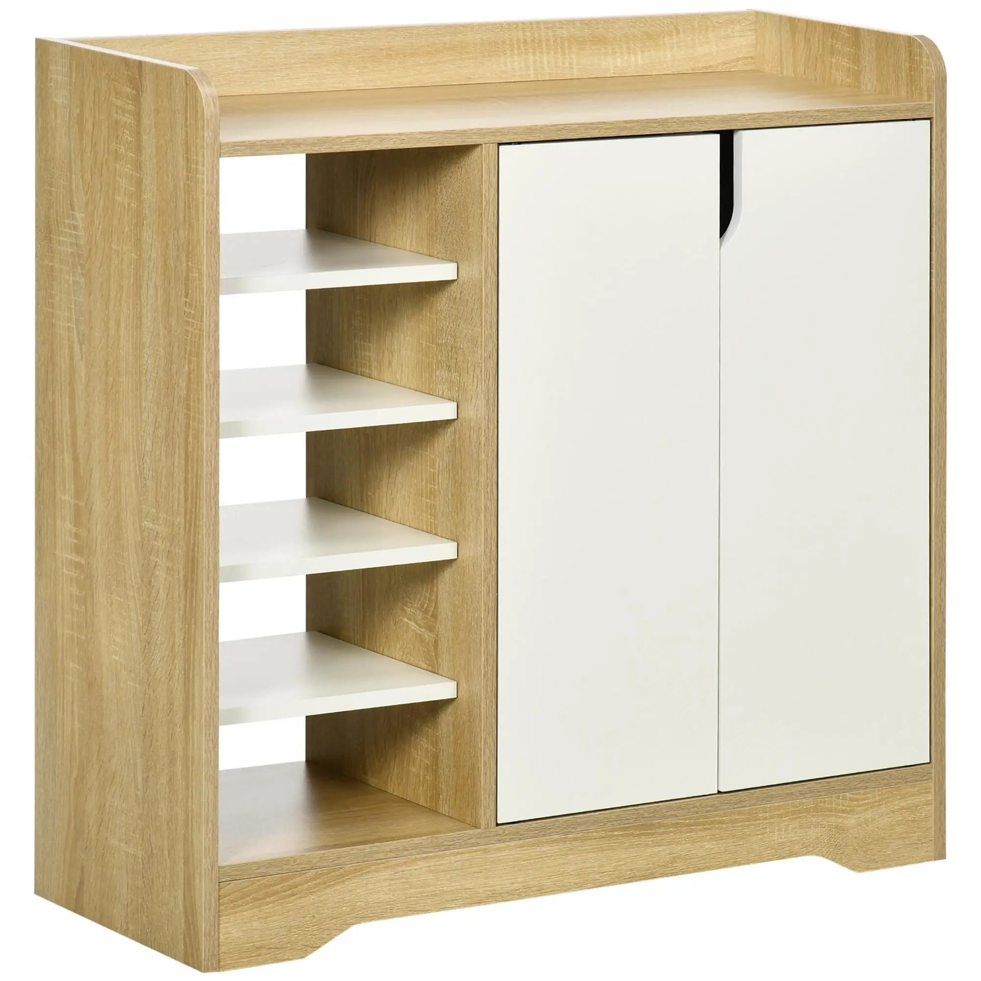 Meuble à chaussures moderne avec 2 portes blanches, 4 niveaux U. 5 compartiments ouverts pour 13 paires Natural & White