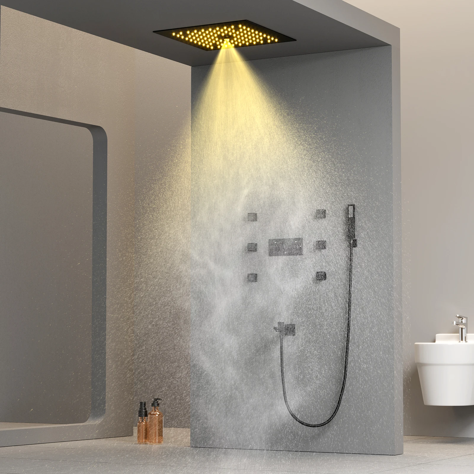 DULABRAHE Luxury Brass Black LED Concealed Mounted Shower Set System Bathroom Hidden Rain Bath Shower Mixer Faucet