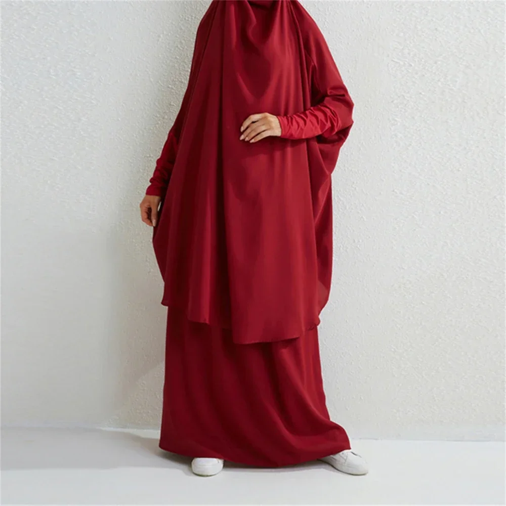

2pcs Eid Ramadan Abaya Hooded Muslim Women Long Maxi Skirt Set Turkey Khimar Islam Prayer Arab Robe Kaftan Burqa Dress Clothing