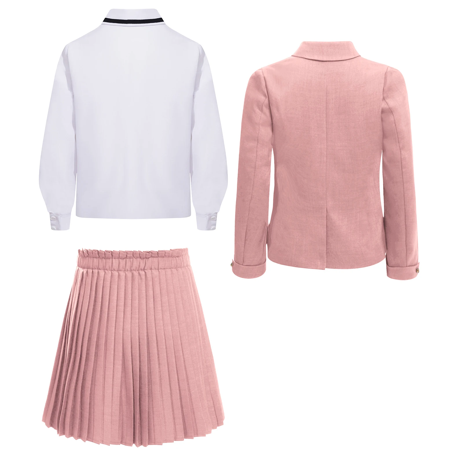Kids Girls Fashion School Uniform Set 3 Piece Blazer with Pleated Skirt And Long Sleeve Pullover Shirt for Formal Wear