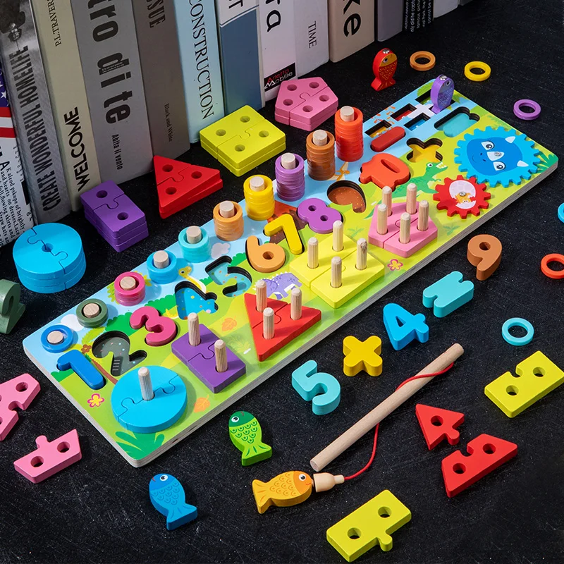 Juguetes de madera Montessori para niños, tablero ocupado, matemáticas de animales, números de pesca, juguetes educativos con forma Digital a juego, regalos