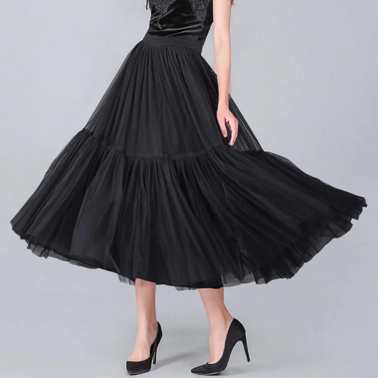 กระโปรง Tulle ผู้หญิงจีบตาข่าย 3 ชั้นเจ้าหญิง Tutu กระโปรงหวาน Bridesmaids Midi Elastic High เอว Line Party กระโปรง