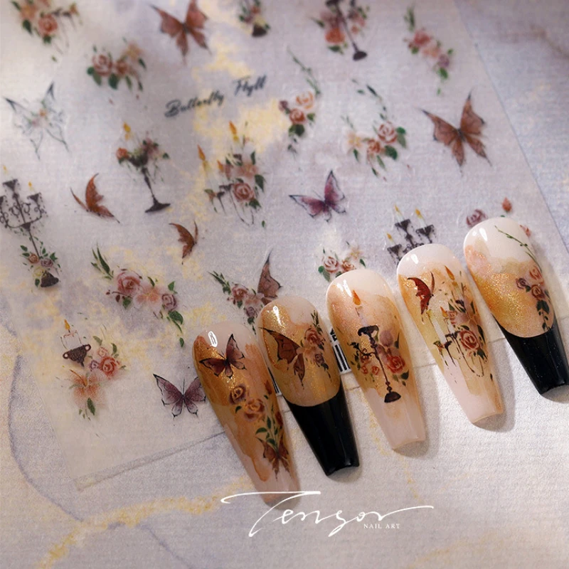 

Charming Butterfly Candle Holder Candlestick Chic Rose Flower Romantic Self Adhesive Nail Art Stickers Rhinestone Manicure Decal