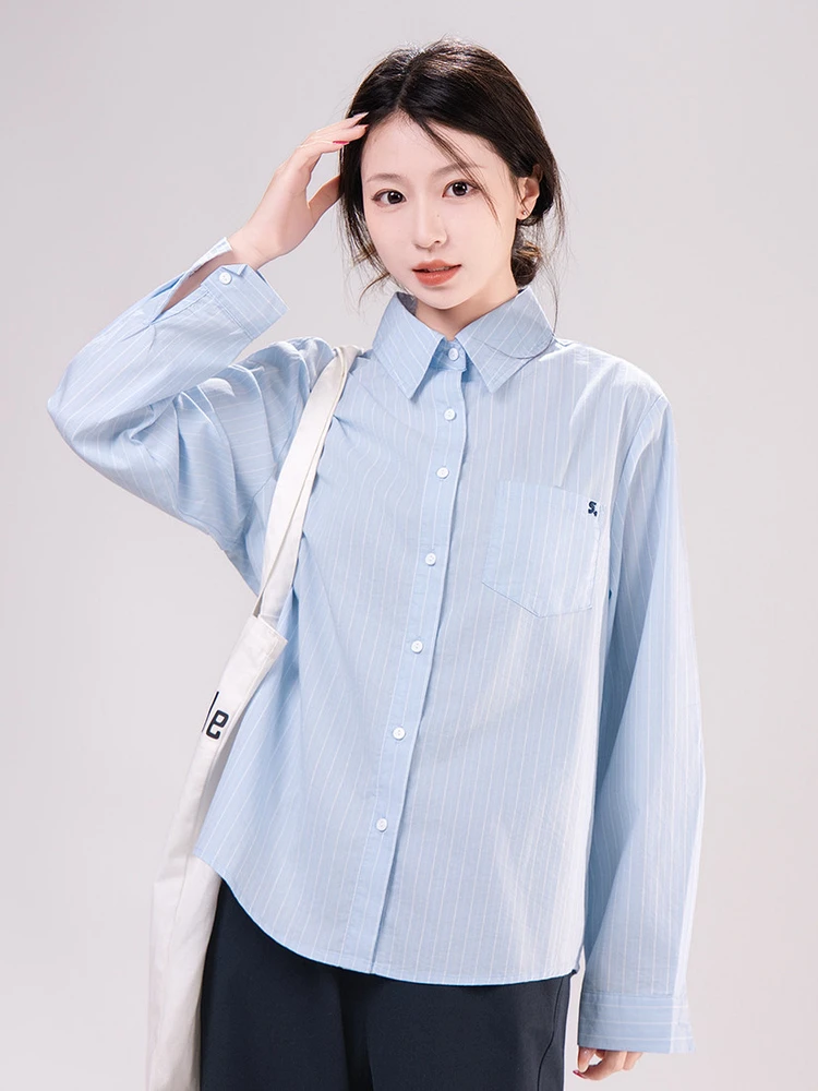 

Casual College Style Long Sleeve Blue Striped Shirt Women Spring Small Size Age Reduction Top Button Detail Embroidery Pocket