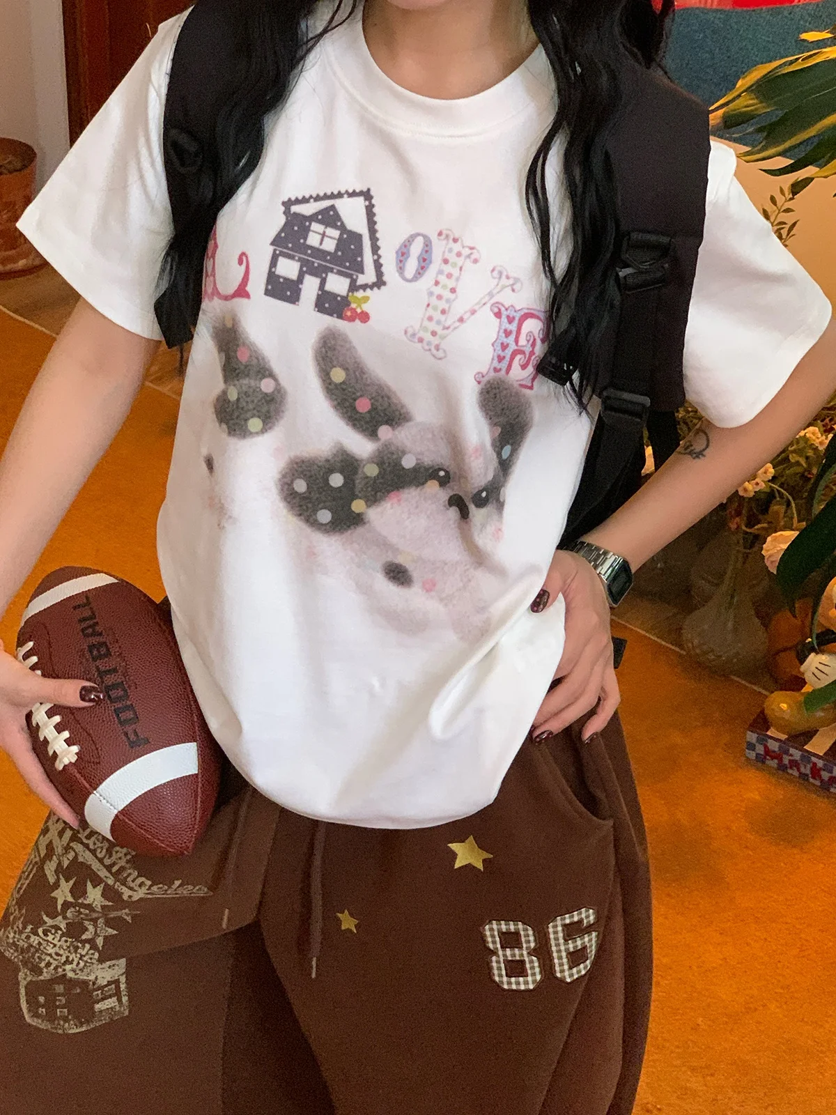 

Футболка с коротким рукавом для похудения, женская, в американском стиле, с принтом мультяшной собаки, повседневный топ с круглым вырезом для создания молодого образа, для стильных девушек