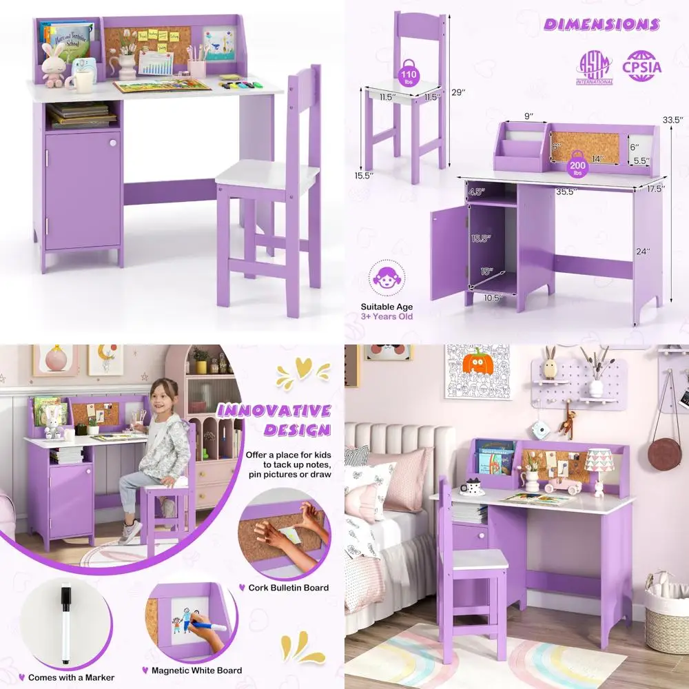 

Kids Desk and Chair Set, Wooden Children Study Table with Storage, Hutch, Cork Bulletin Board, Whiteboard & Marker, Student Com