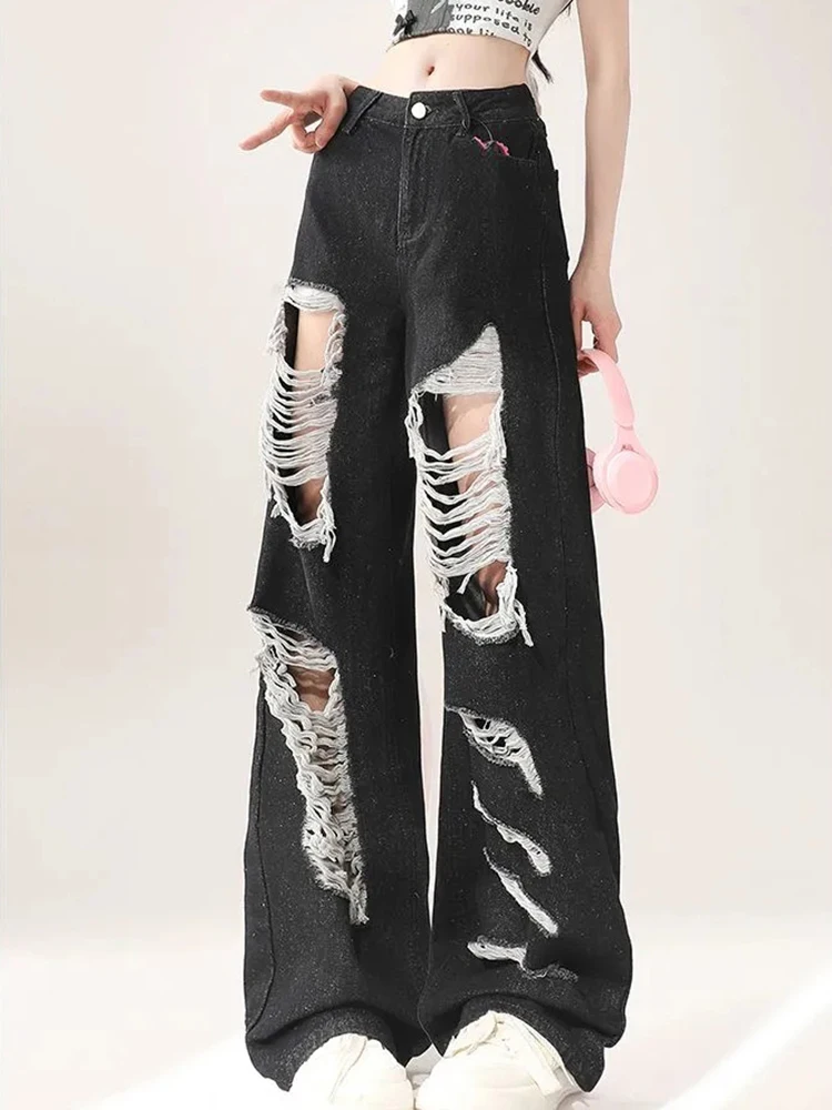 

Уличная одежда Джинсы с дырками Женские винтажные свободные широкие джинсовые брюки с высокой талией в стиле хип-хоп Повседневные брюки в стиле ретро Hottie Harajuku Весенние брюки