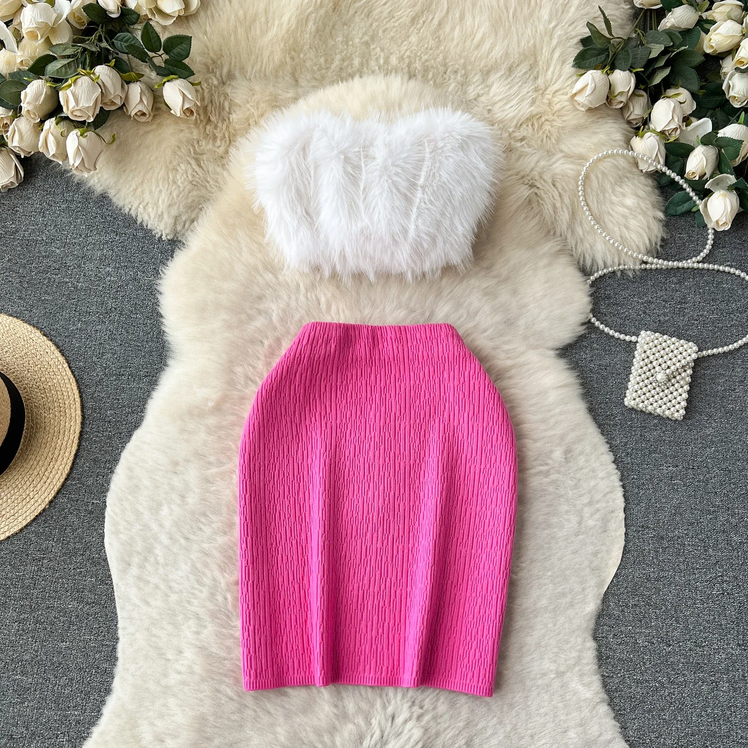 

2026 New Women Knit Two Piece Sets Camis Sexy White Short Top+ Elastic Waist Knit Min Pink Short SKirt Fashion Solid Women Suits