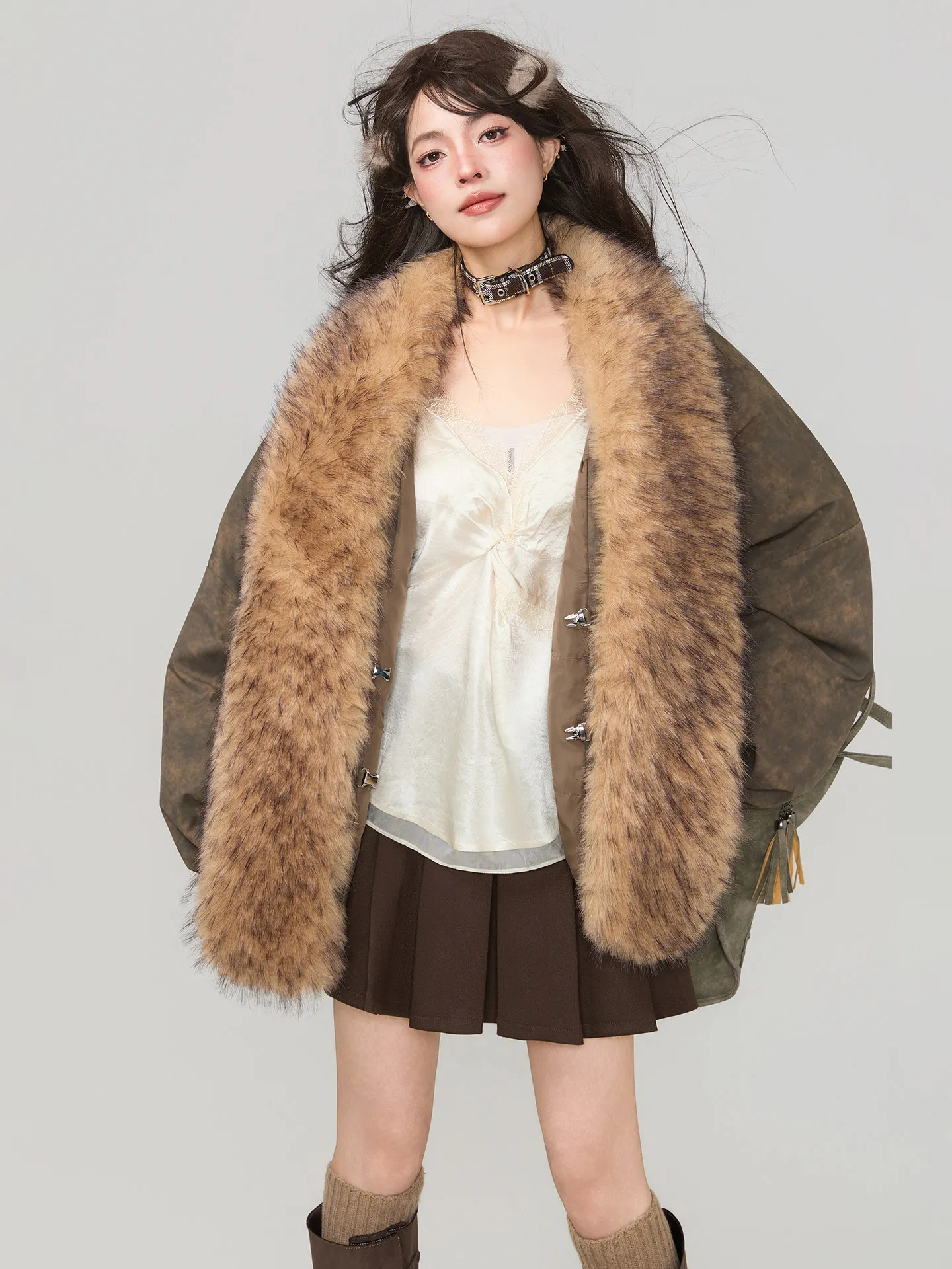 Winter Women's Down Cotton Jacket Windproof Printed Patchwork Faux Fur Jacket