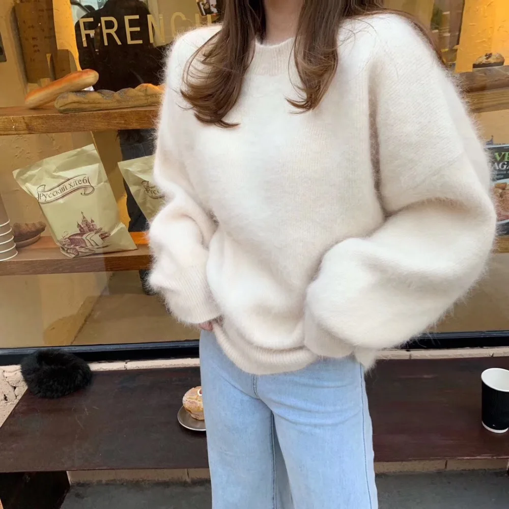 Korean Oversized Autumn Winter Pink Soft Mohair Knitted Loose Sweater New Chic Women O Neck Imitation Mink Thick Warm Pullovers